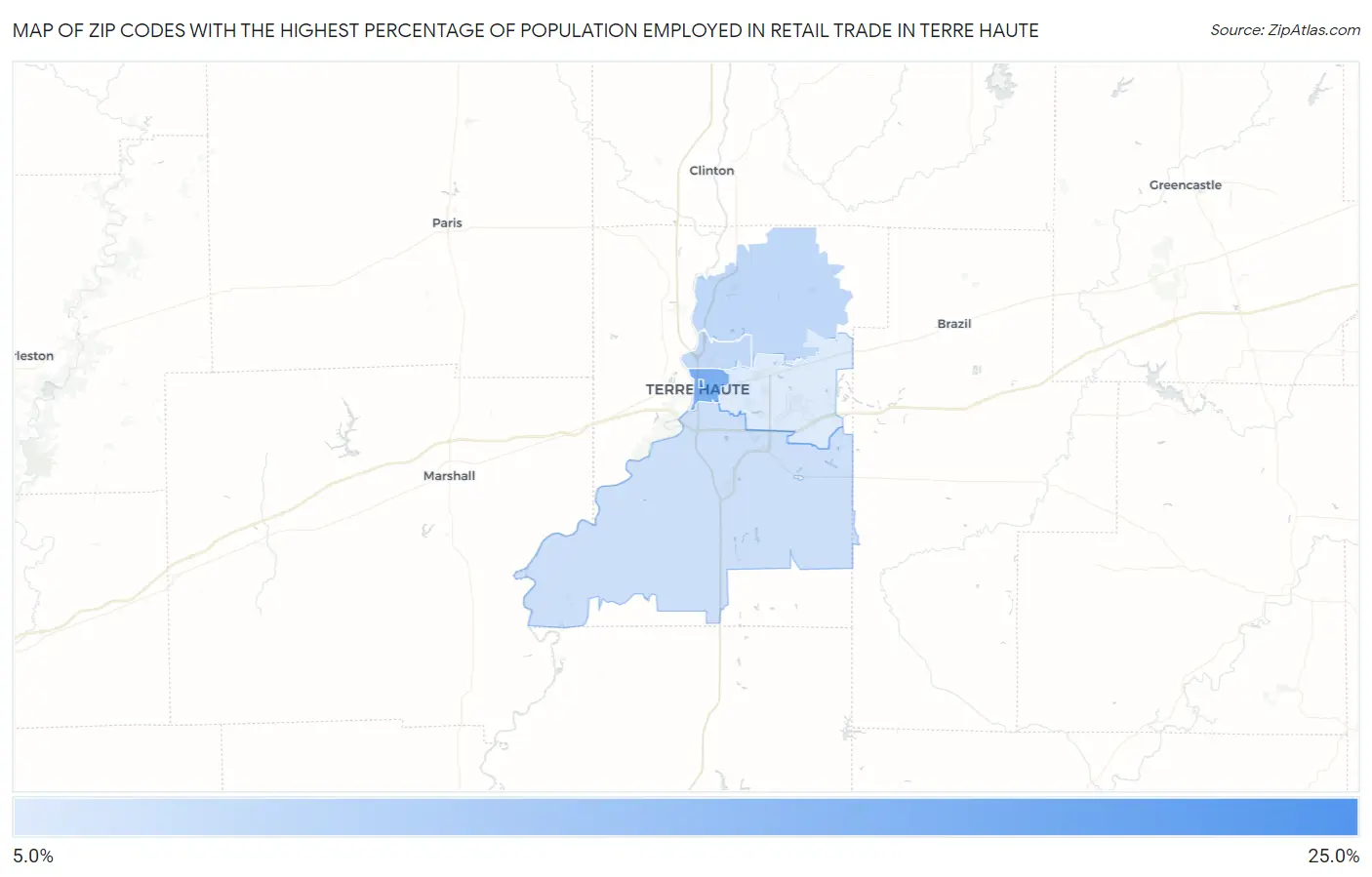 Zip Codes with the Highest Percentage of Population Employed in Retail Trade in Terre Haute Map