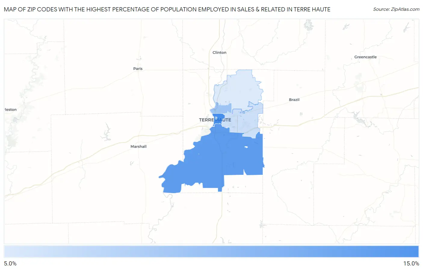 Zip Codes with the Highest Percentage of Population Employed in Sales & Related in Terre Haute Map