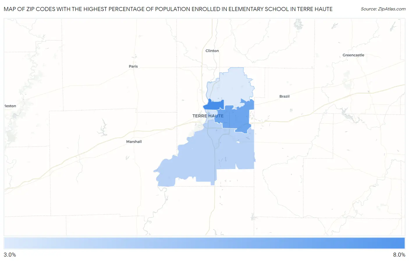 Zip Codes with the Highest Percentage of Population Enrolled in Elementary School in Terre Haute Map