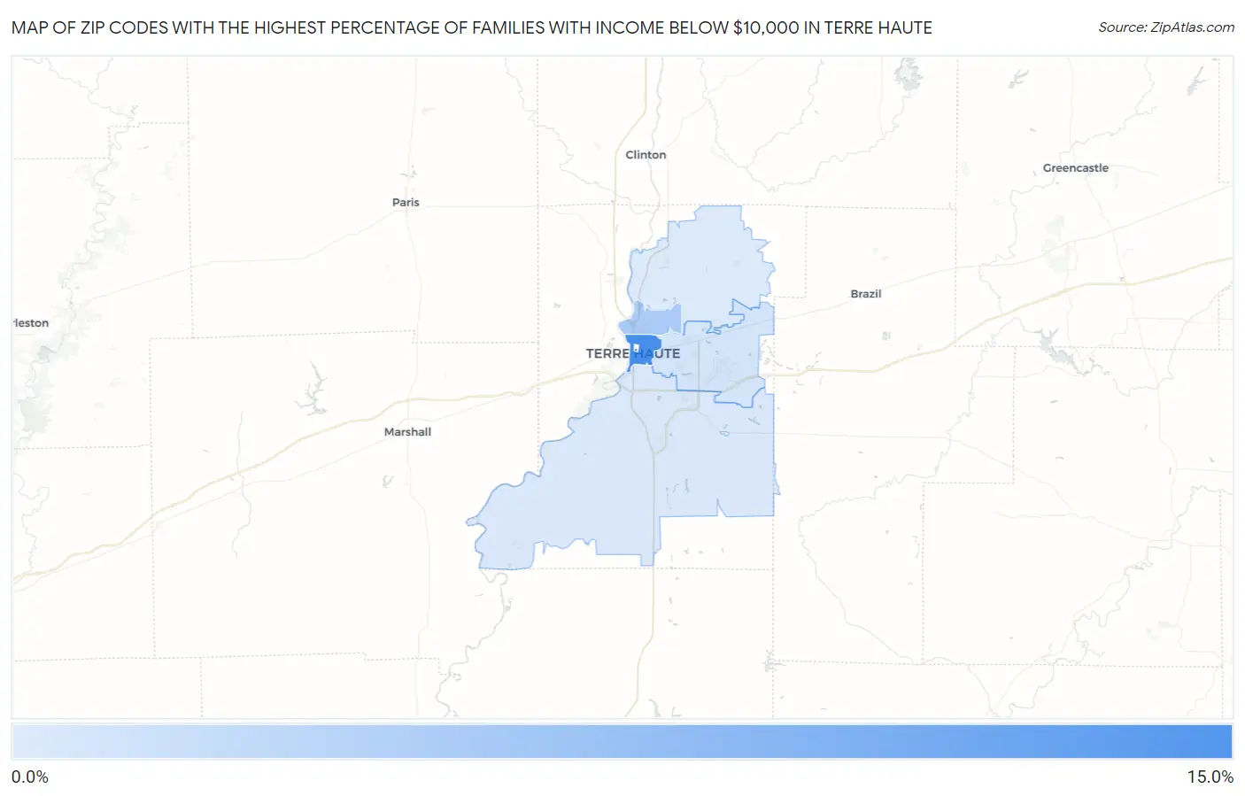 Zip Codes with the Highest Percentage of Families with Income Below $10,000 in Terre Haute Map