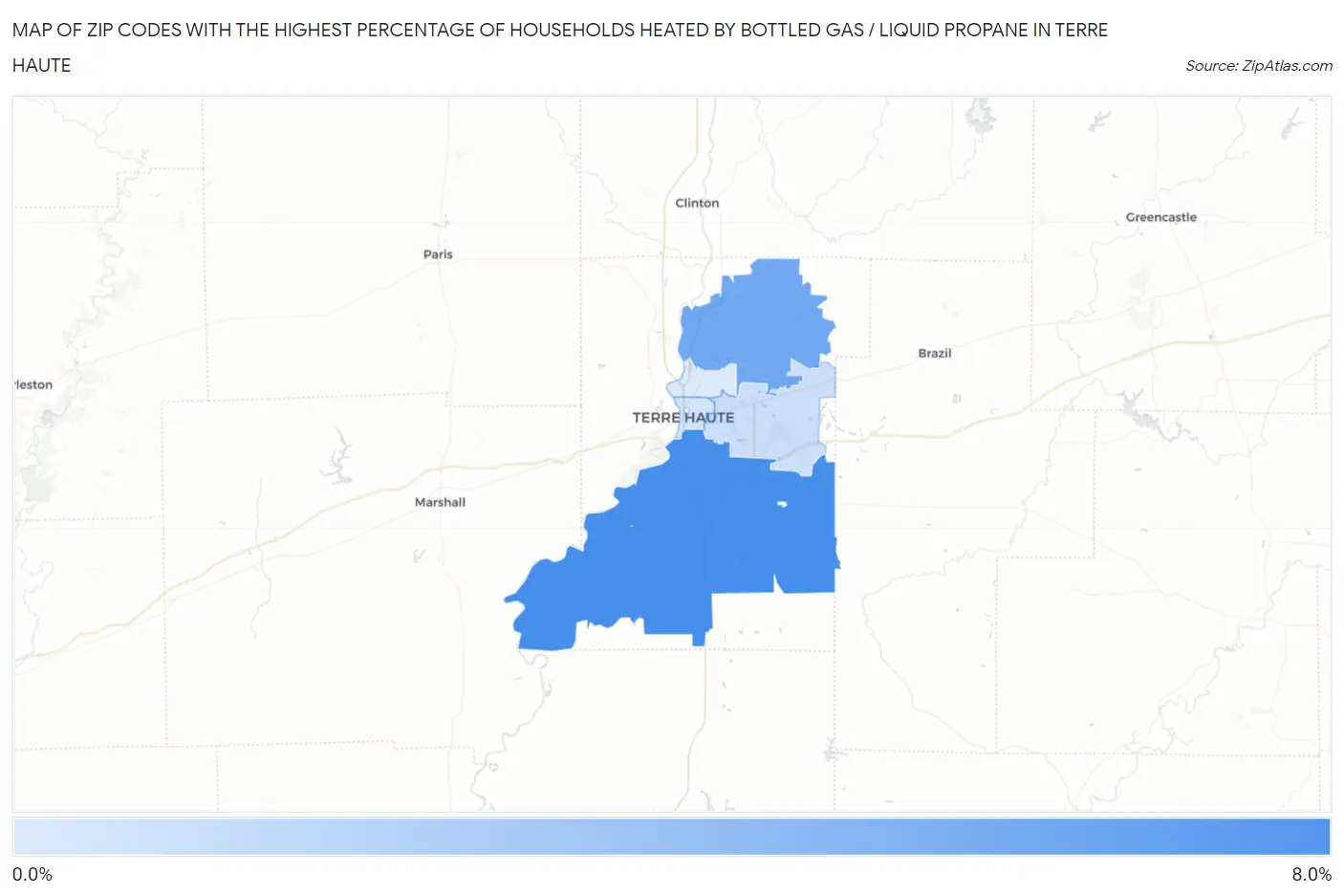 Zip Codes with the Highest Percentage of Households Heated by Bottled Gas / Liquid Propane in Terre Haute Map