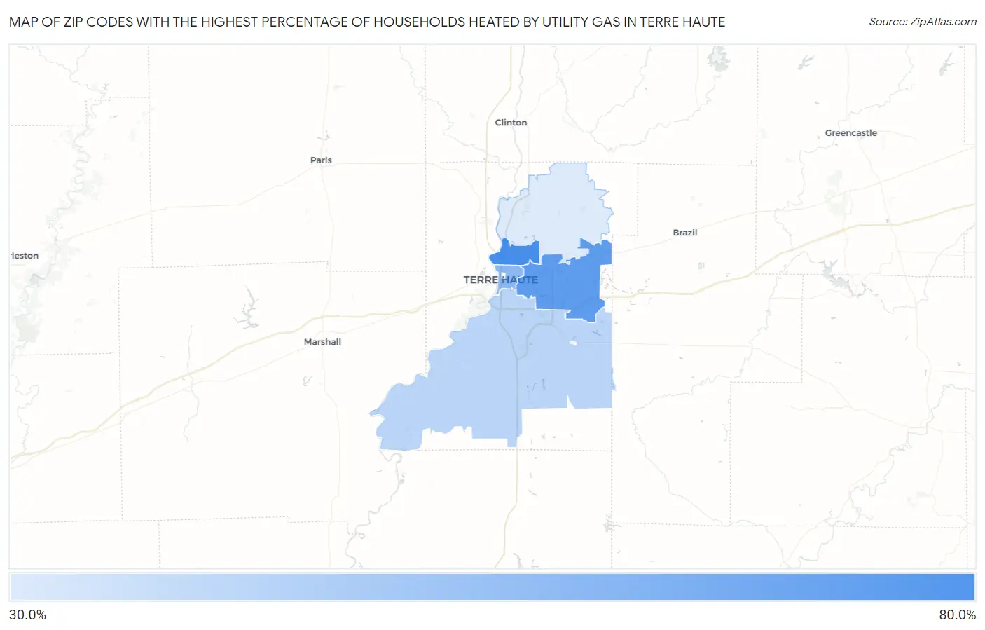 Zip Codes with the Highest Percentage of Households Heated by Utility Gas in Terre Haute Map