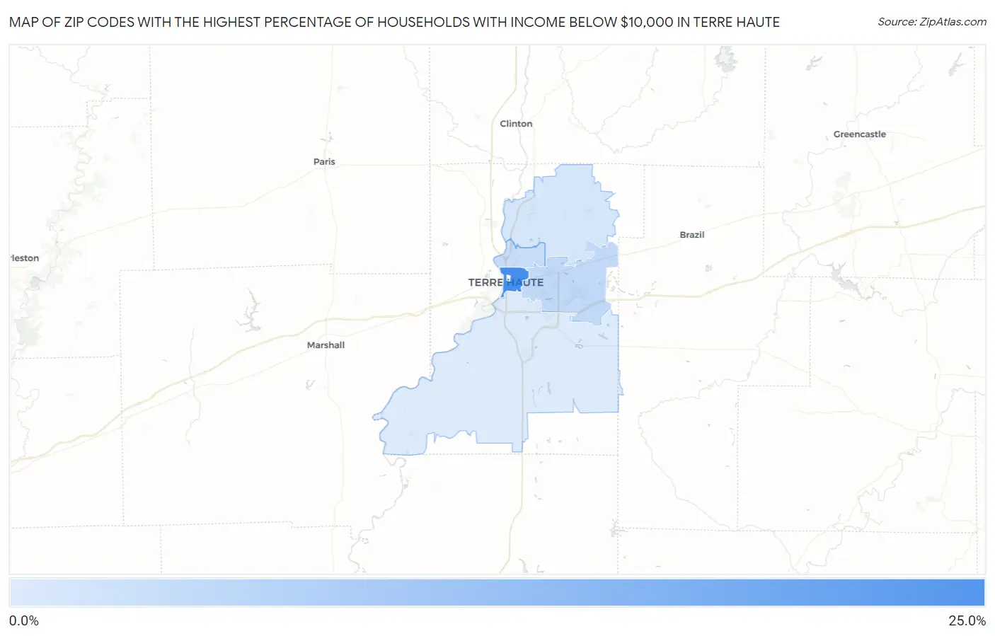 Zip Codes with the Highest Percentage of Households with Income Below $10,000 in Terre Haute Map