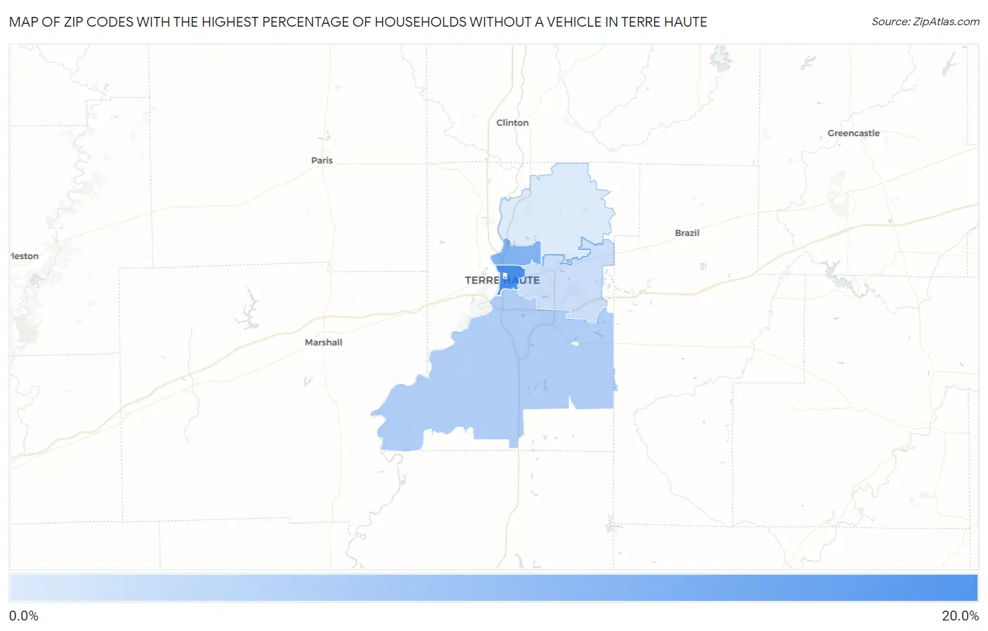 Zip Codes with the Highest Percentage of Households Without a Vehicle in Terre Haute Map