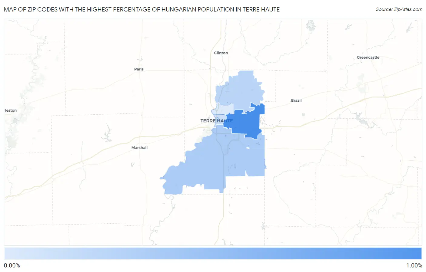 Zip Codes with the Highest Percentage of Hungarian Population in Terre Haute Map