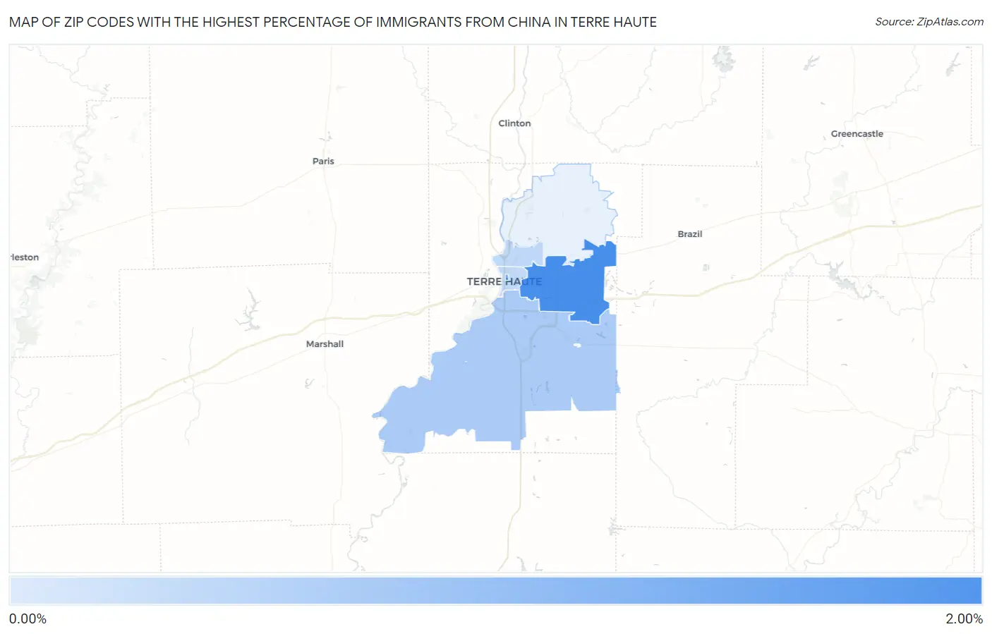 Zip Codes with the Highest Percentage of Immigrants from China in Terre Haute Map