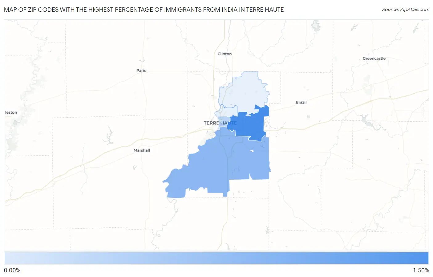 Zip Codes with the Highest Percentage of Immigrants from India in Terre Haute Map