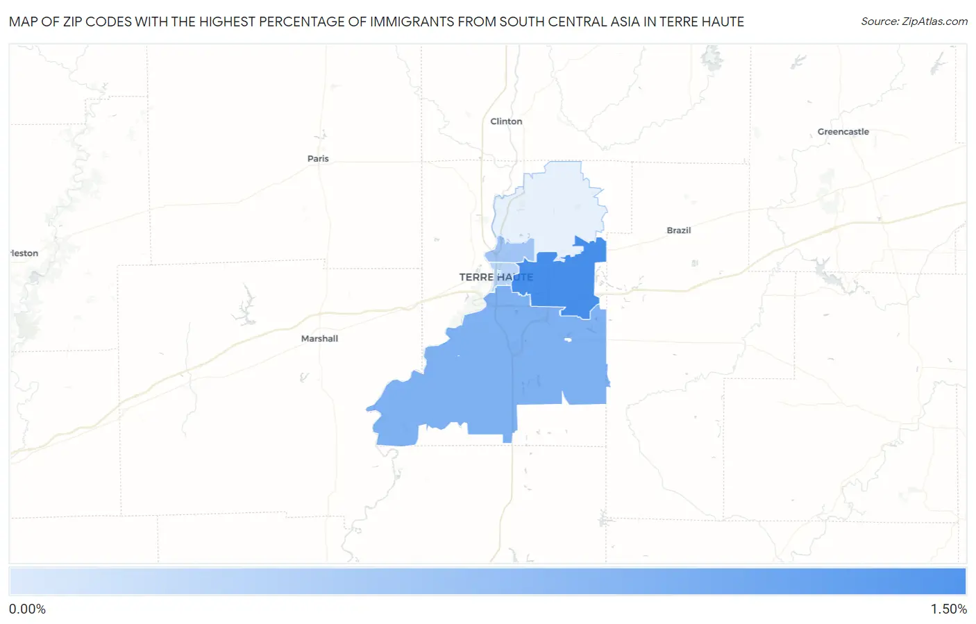 Zip Codes with the Highest Percentage of Immigrants from South Central Asia in Terre Haute Map