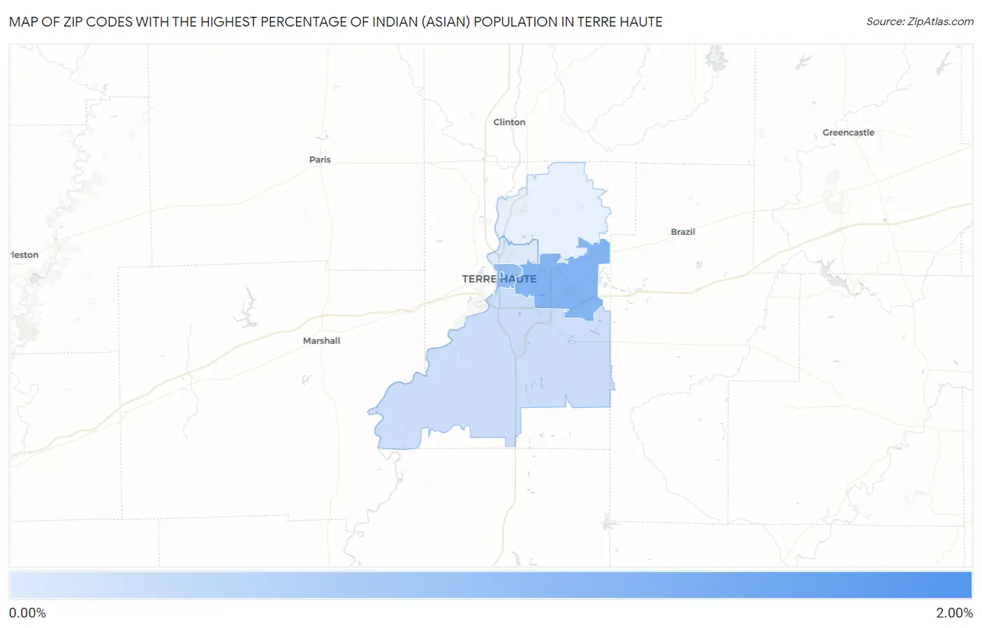 Zip Codes with the Highest Percentage of Indian (Asian) Population in Terre Haute Map