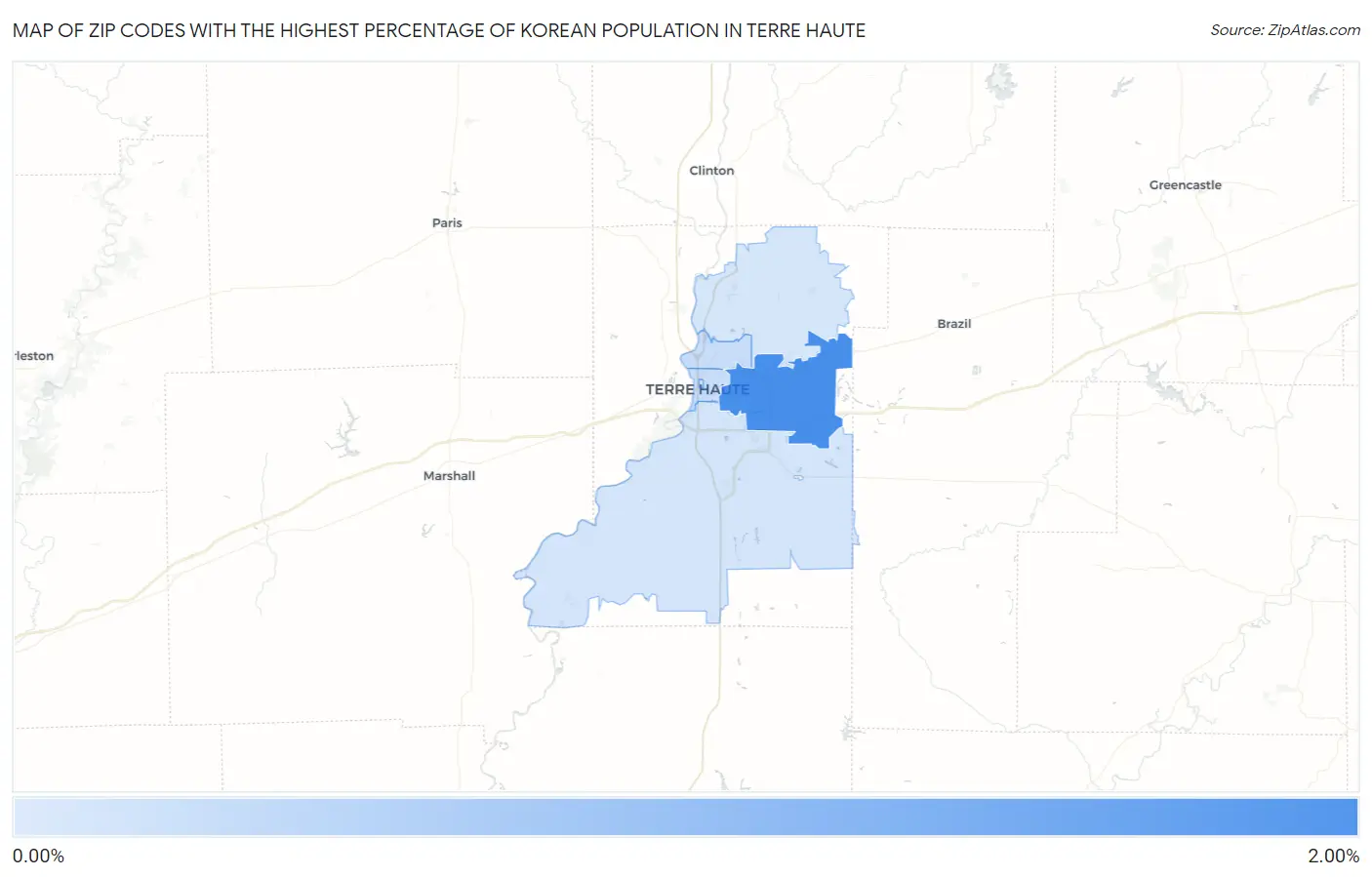 Zip Codes with the Highest Percentage of Korean Population in Terre Haute Map