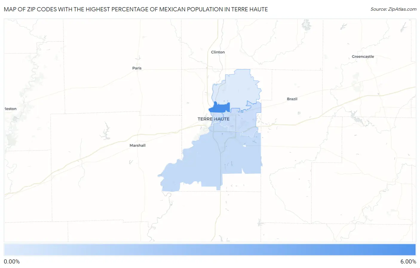 Zip Codes with the Highest Percentage of Mexican Population in Terre Haute Map