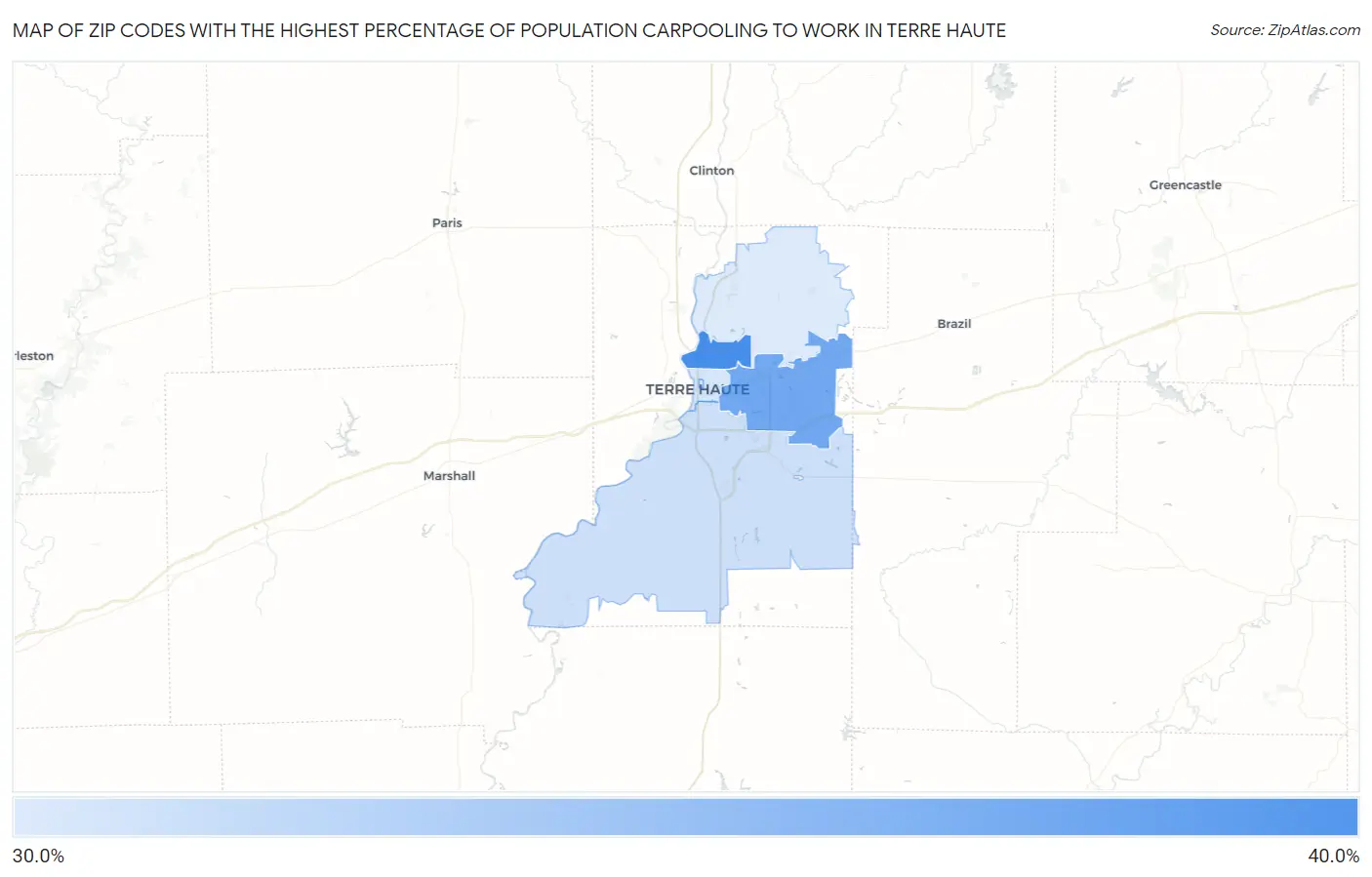 Zip Codes with the Highest Percentage of Population Carpooling to Work in Terre Haute Map