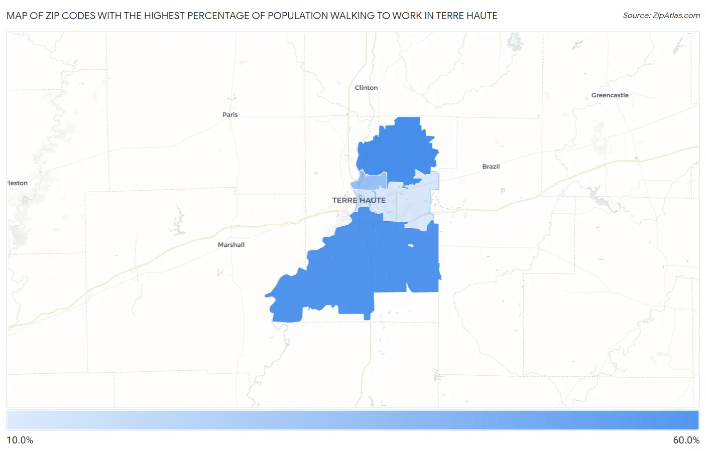 Zip Codes with the Highest Percentage of Population Walking to Work in Terre Haute Map