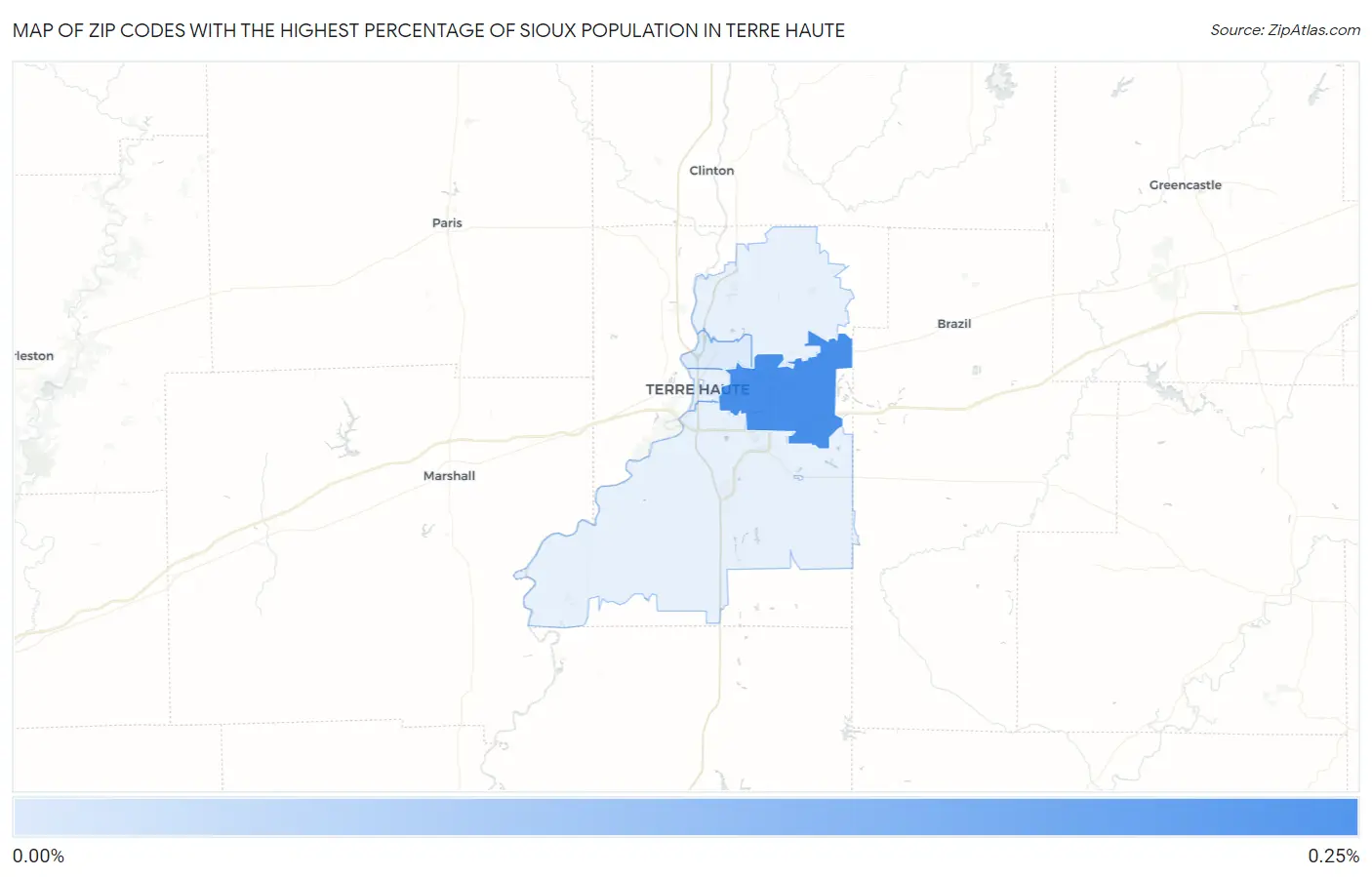Zip Codes with the Highest Percentage of Sioux Population in Terre Haute Map