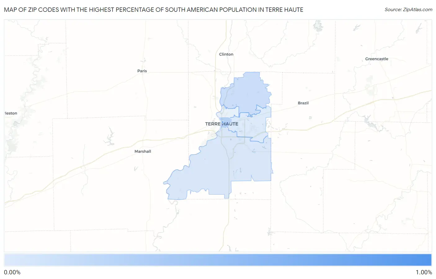 Zip Codes with the Highest Percentage of South American Population in Terre Haute Map
