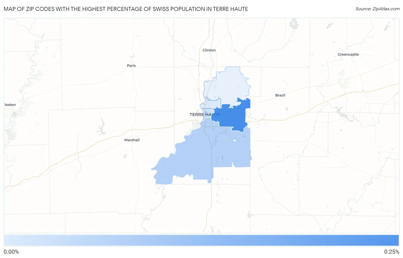 Zip Codes with the Highest Percentage of Swiss Population in Terre Haute Map