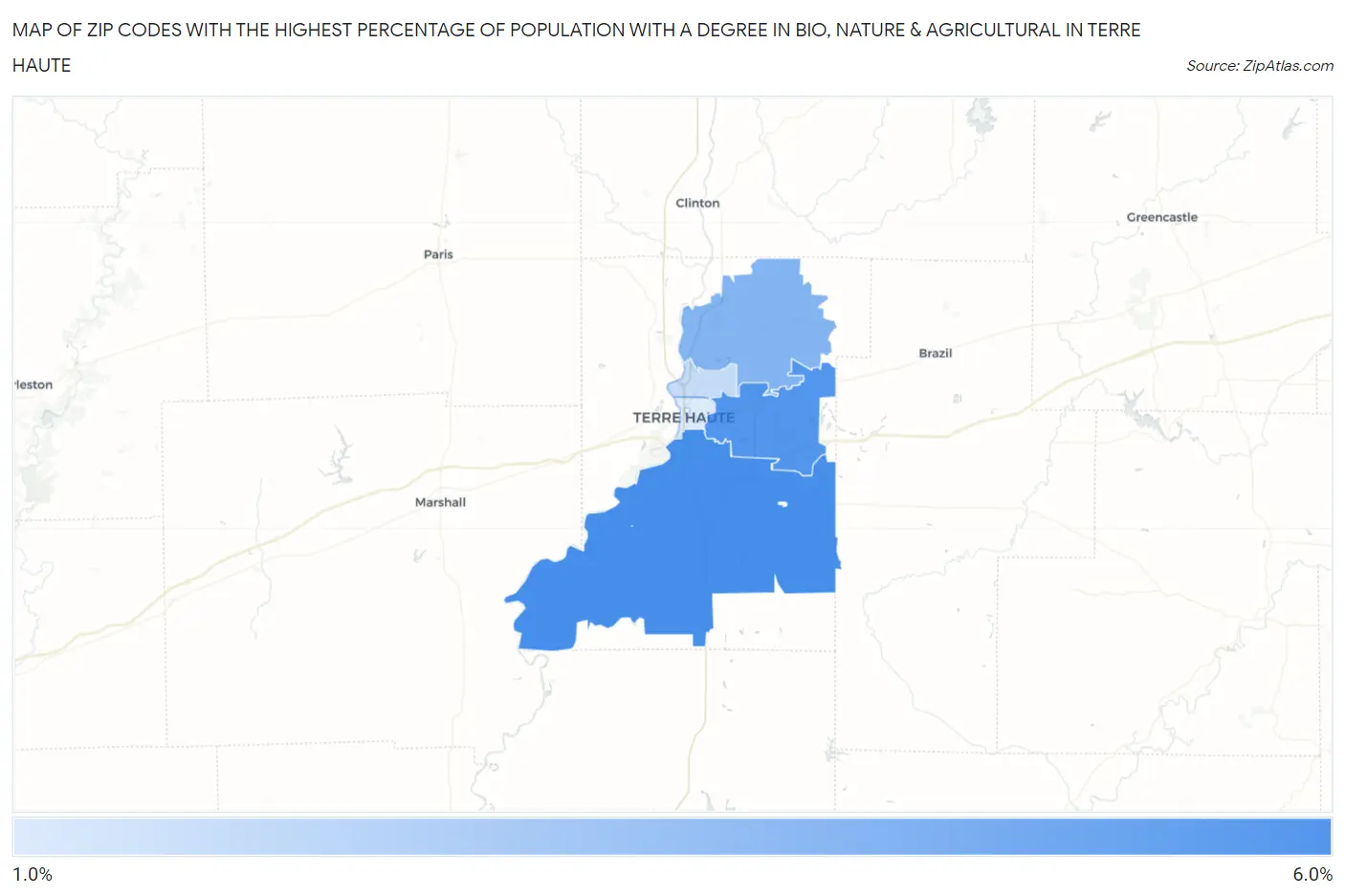 Zip Codes with the Highest Percentage of Population with a Degree in Bio, Nature & Agricultural in Terre Haute Map