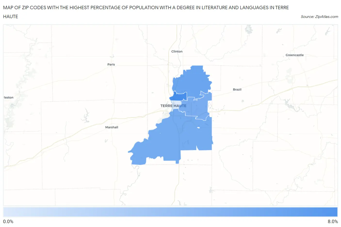 Zip Codes with the Highest Percentage of Population with a Degree in Literature and Languages in Terre Haute Map