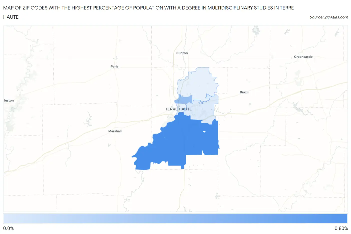 Zip Codes with the Highest Percentage of Population with a Degree in Multidisciplinary Studies in Terre Haute Map