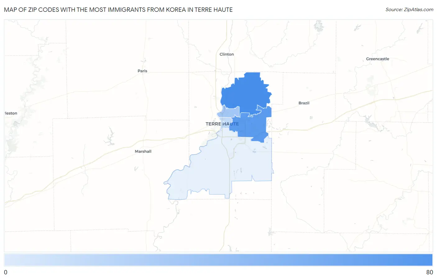 Zip Codes with the Most Immigrants from Korea in Terre Haute Map