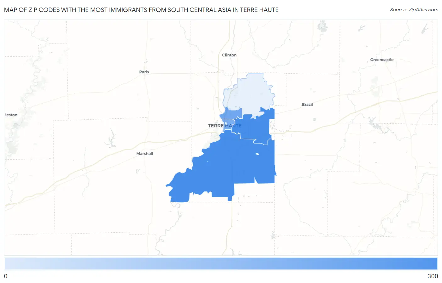 Zip Codes with the Most Immigrants from South Central Asia in Terre Haute Map
