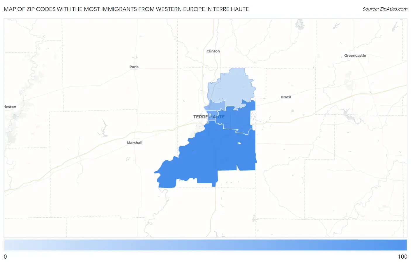 Zip Codes with the Most Immigrants from Western Europe in Terre Haute Map