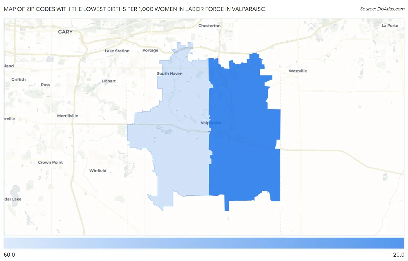 Zip Codes with the Lowest Births per 1,000 Women in Labor Force in Valparaiso Map