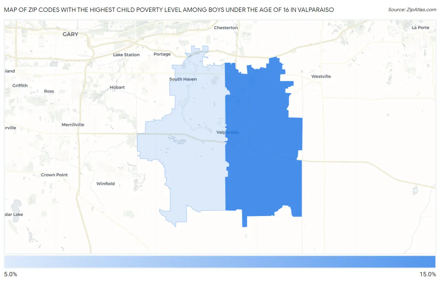 Zip Codes with the Highest Child Poverty Level Among Boys Under the Age of 16 in Valparaiso Map