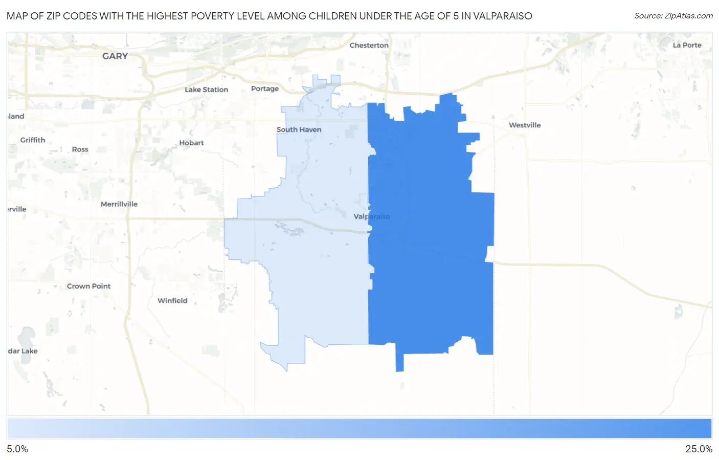 Zip Codes with the Highest Poverty Level Among Children Under the Age of 5 in Valparaiso Map