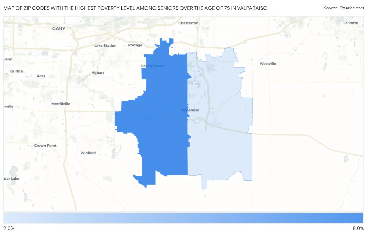 Zip Codes with the Highest Poverty Level Among Seniors Over the Age of 75 in Valparaiso Map