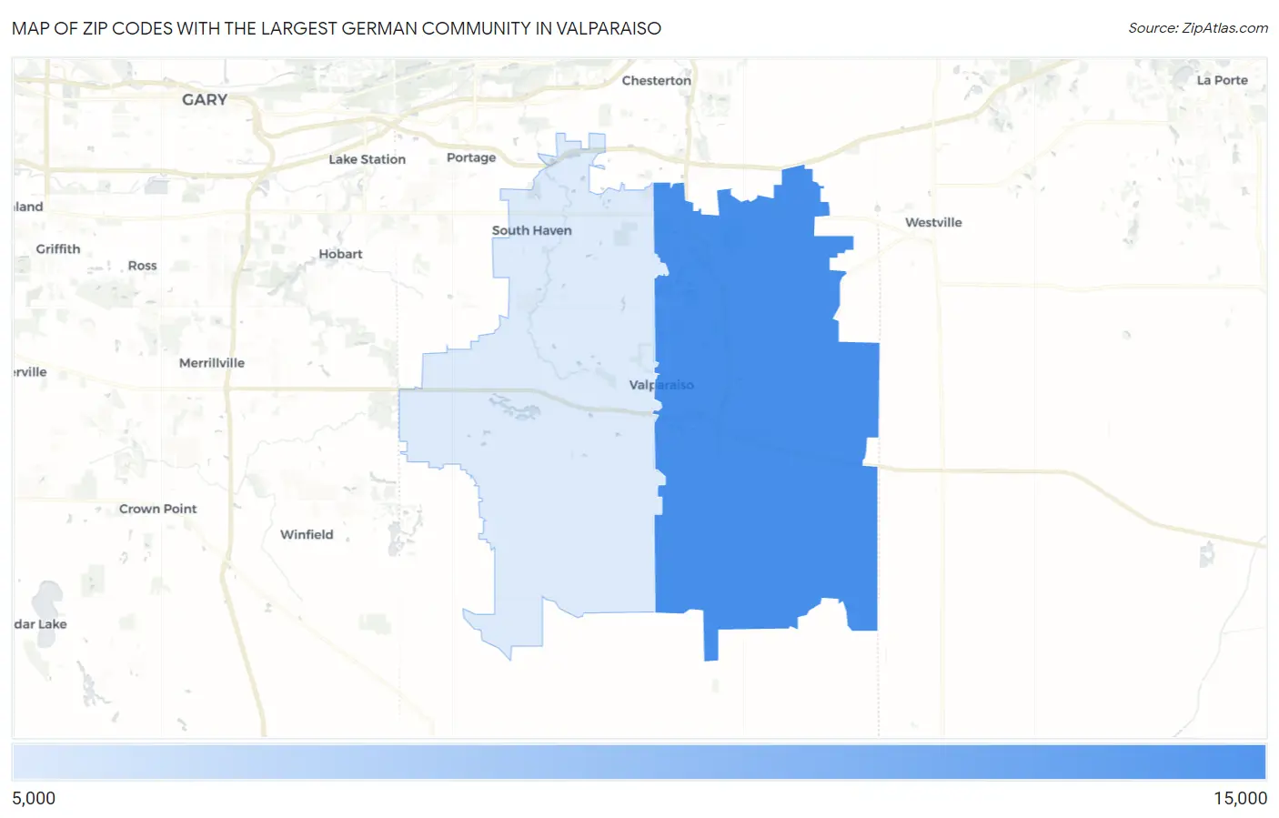 Zip Codes with the Largest German Community in Valparaiso Map