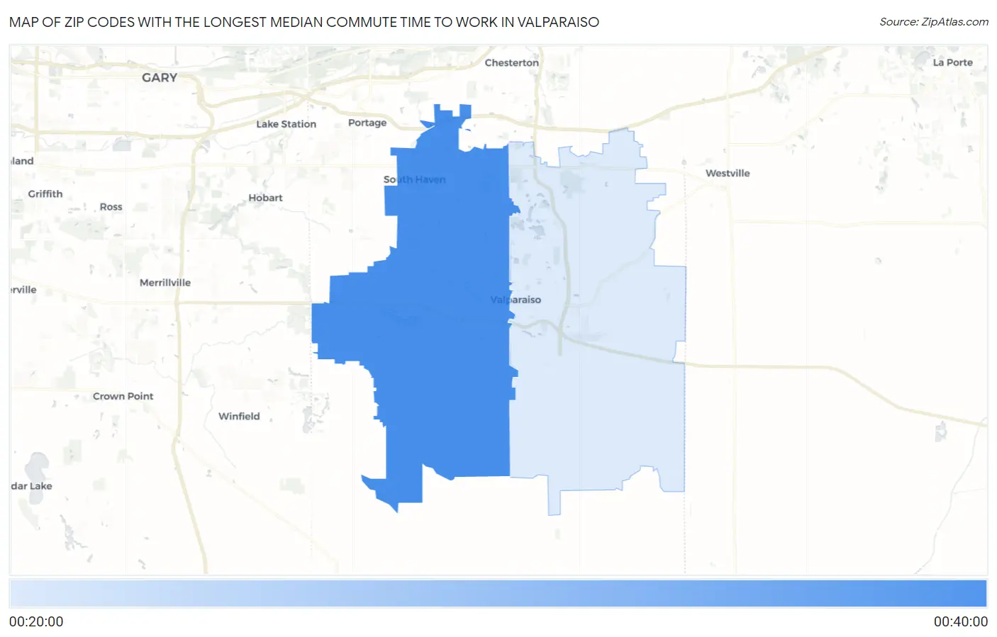 Zip Codes with the Longest Median Commute Time to Work in Valparaiso Map