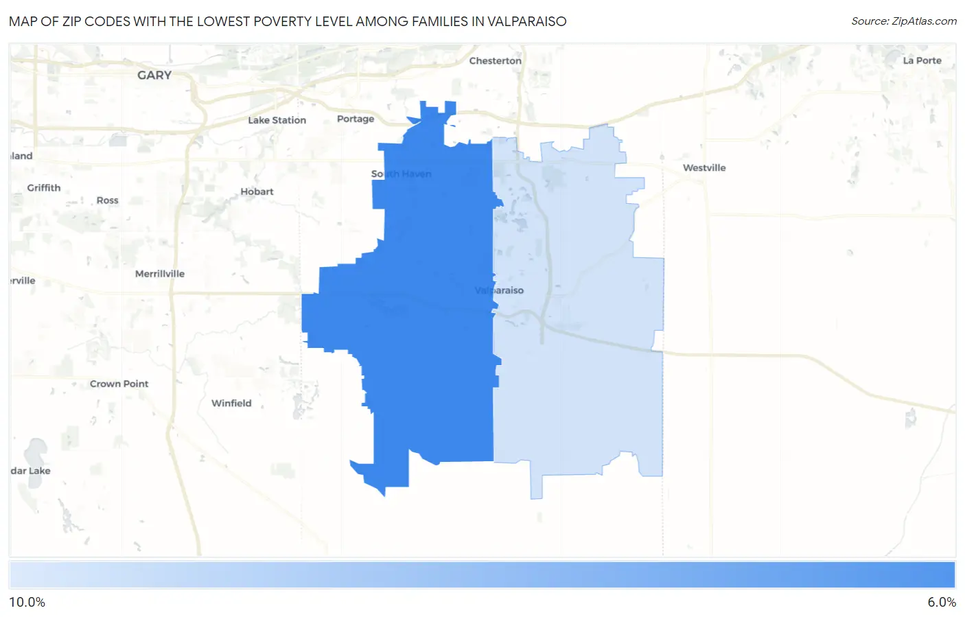 Zip Codes with the Lowest Poverty Level Among Families in Valparaiso Map