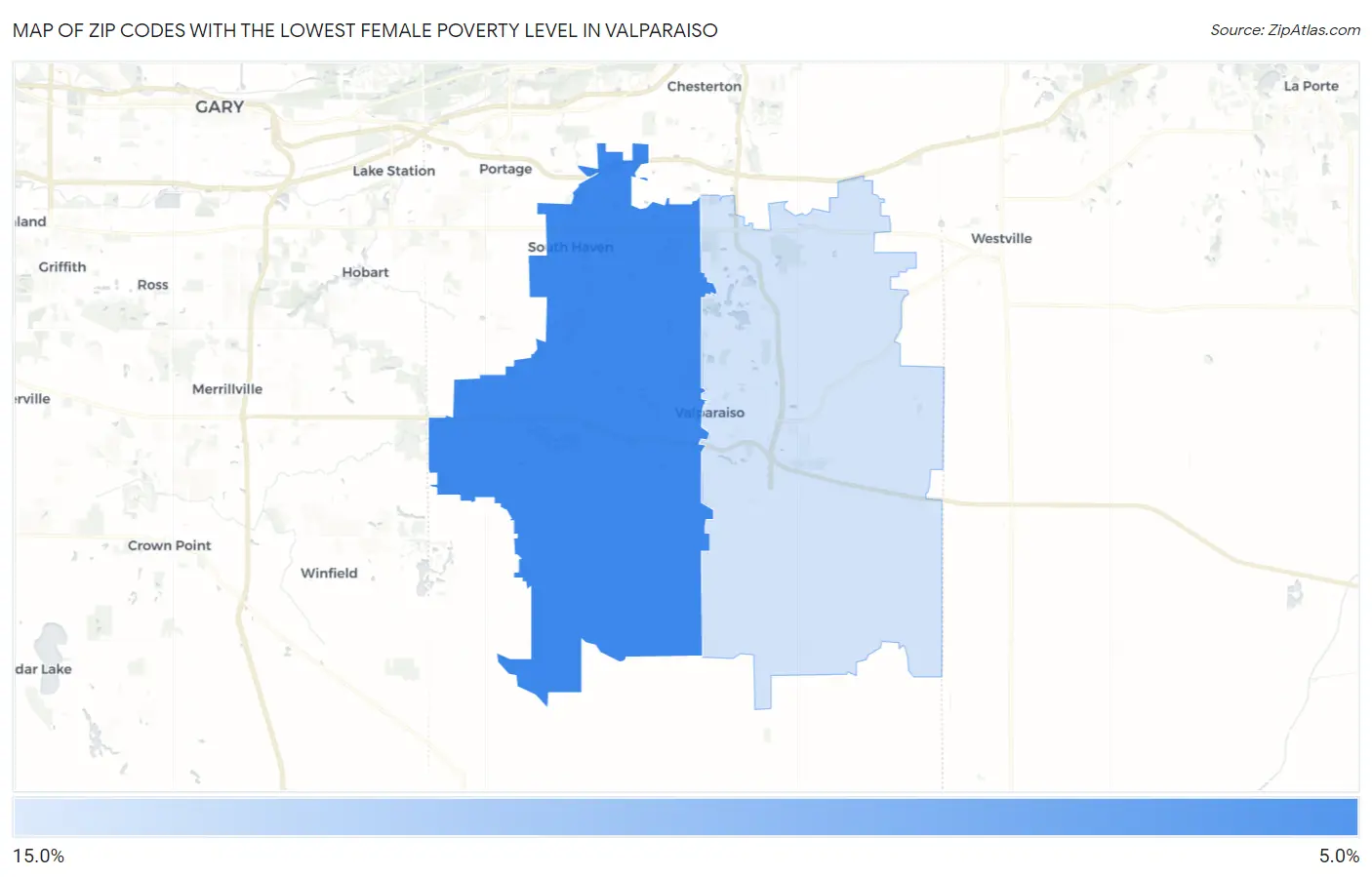 Zip Codes with the Lowest Female Poverty Level in Valparaiso Map