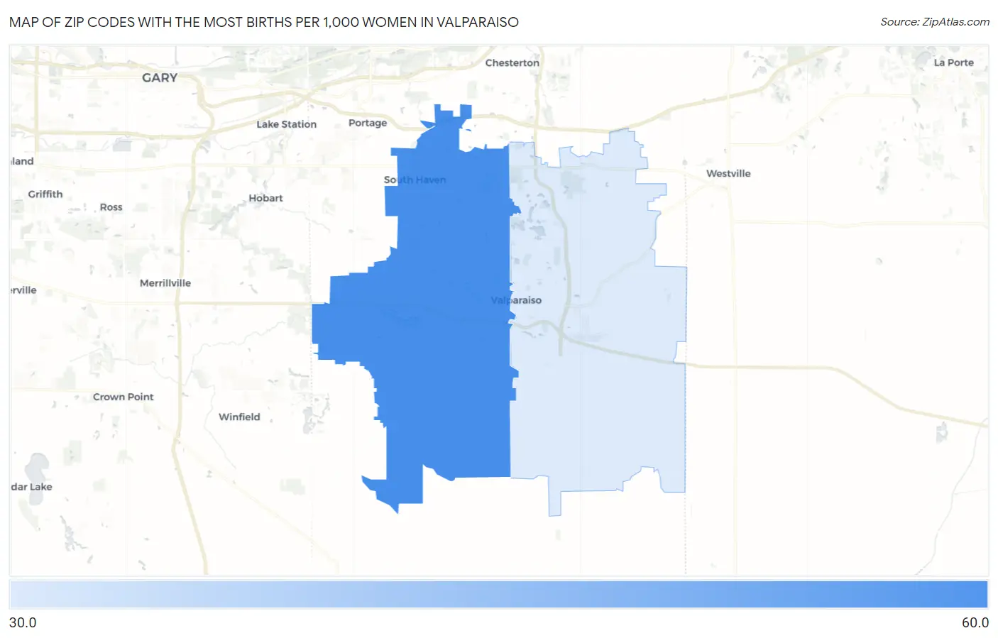 Zip Codes with the Most Births per 1,000 Women in Valparaiso Map
