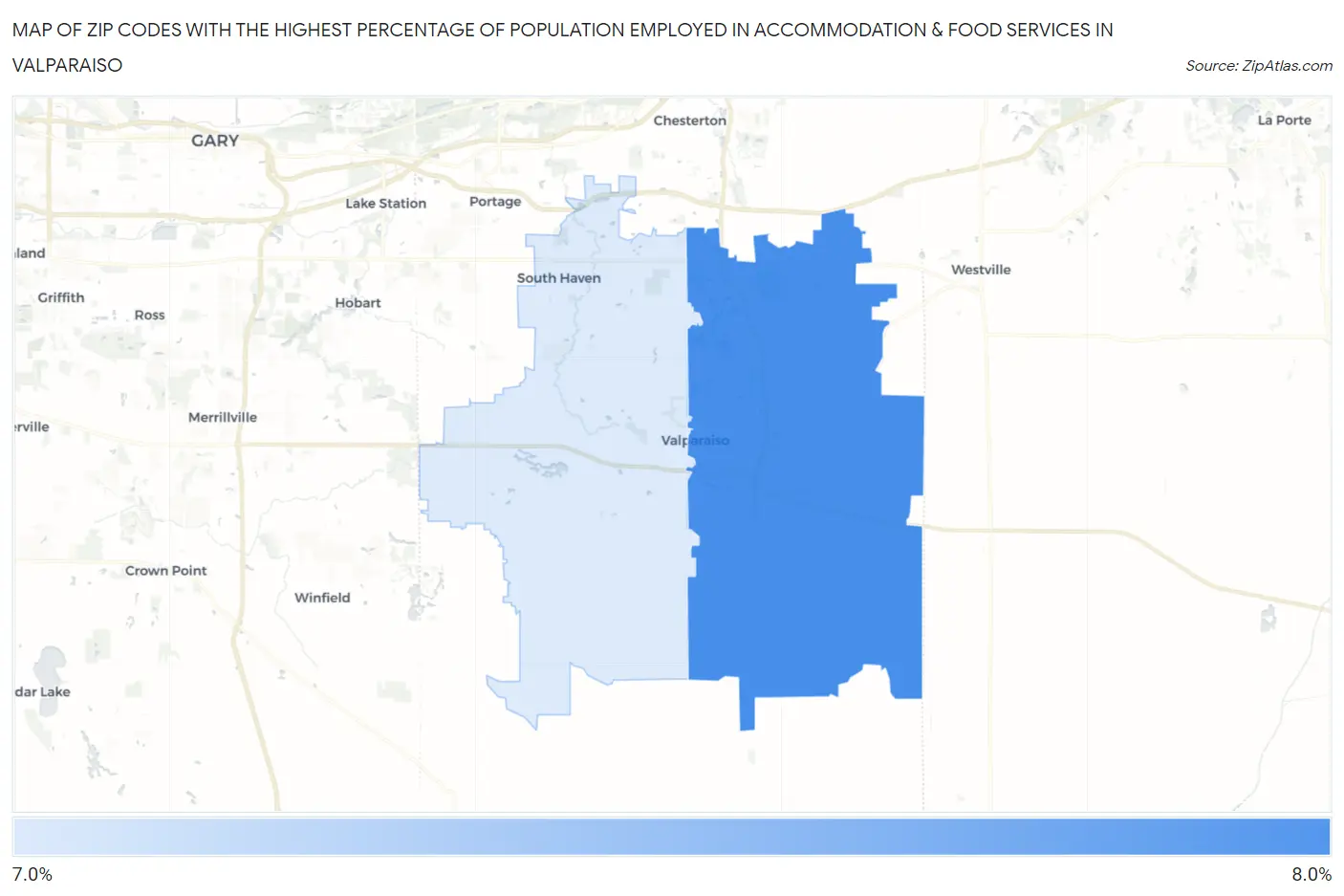 Zip Codes with the Highest Percentage of Population Employed in Accommodation & Food Services in Valparaiso Map