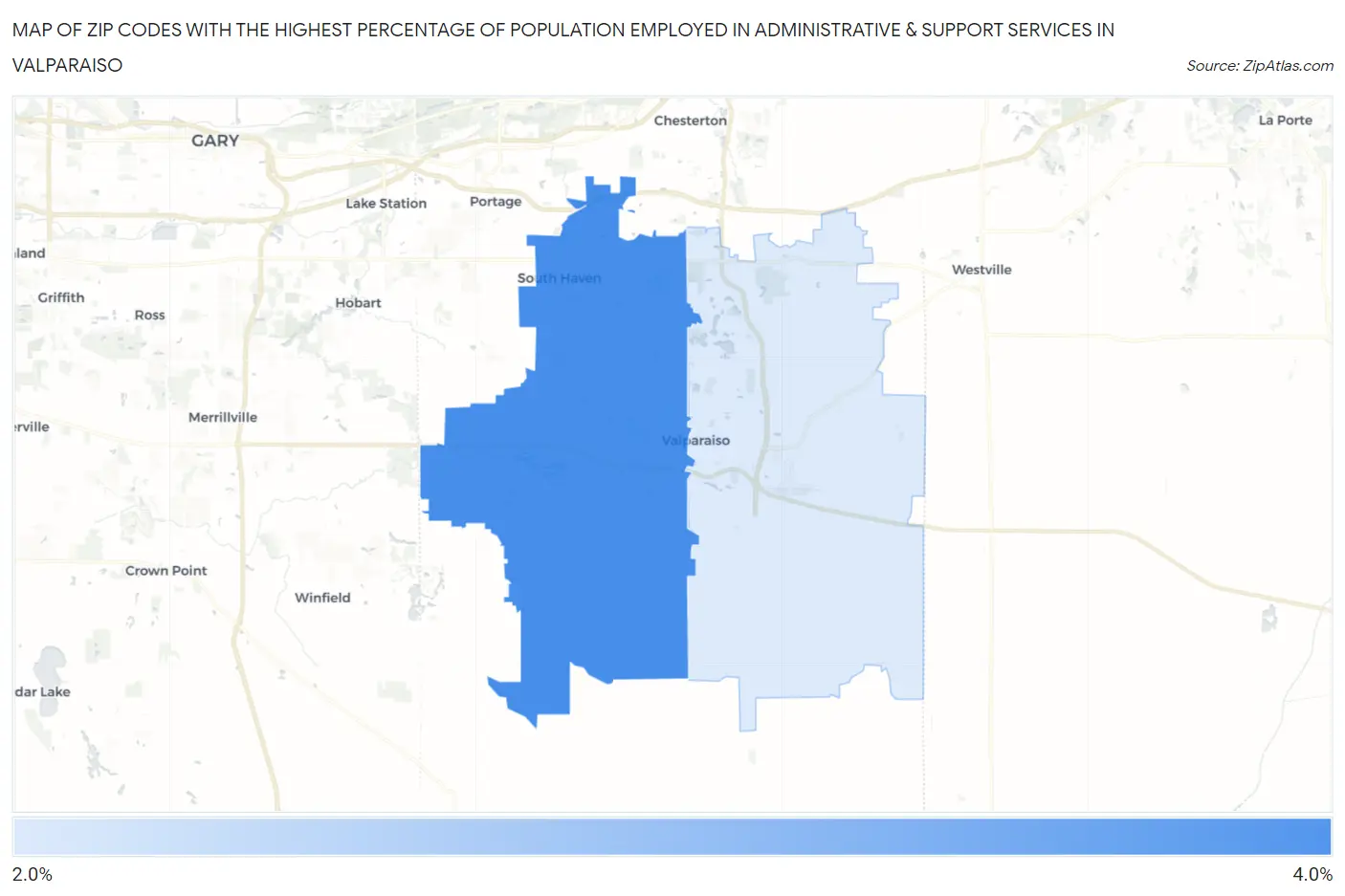 Zip Codes with the Highest Percentage of Population Employed in Administrative & Support Services in Valparaiso Map