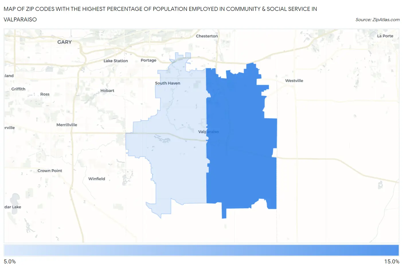 Zip Codes with the Highest Percentage of Population Employed in Community & Social Service  in Valparaiso Map
