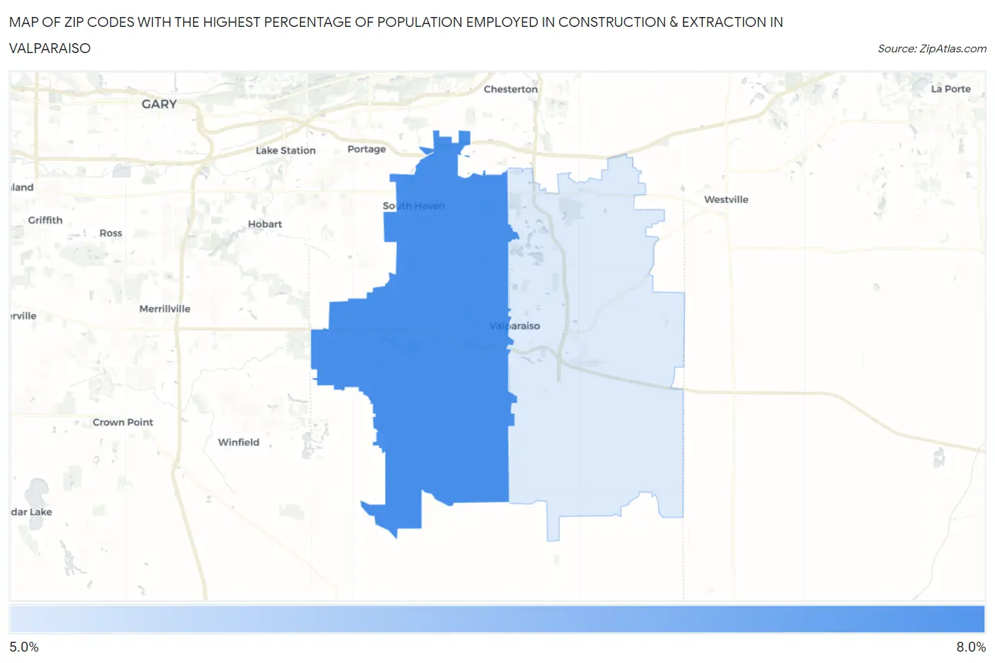 Zip Codes with the Highest Percentage of Population Employed in Construction & Extraction in Valparaiso Map