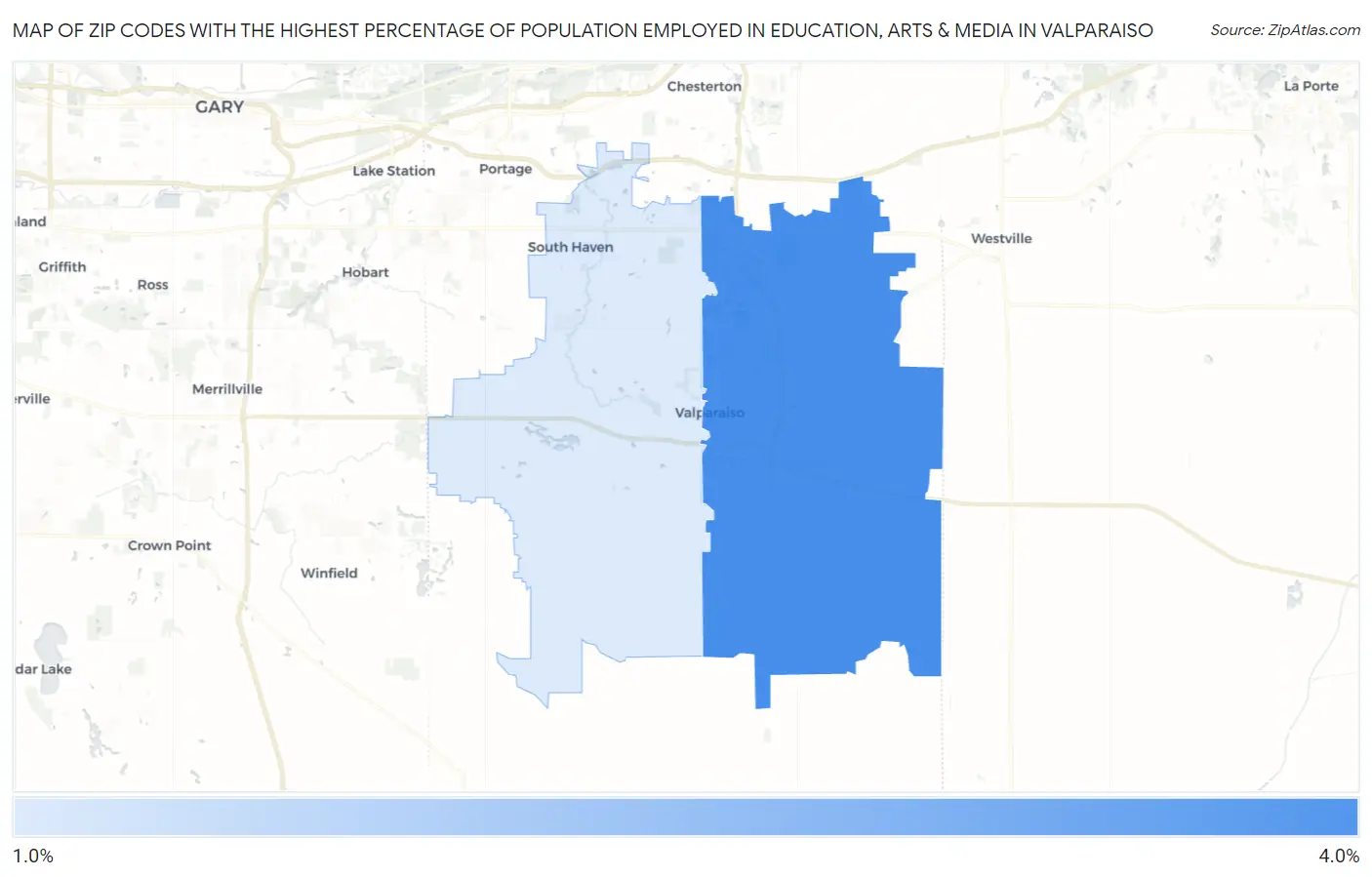 Zip Codes with the Highest Percentage of Population Employed in Education, Arts & Media in Valparaiso Map