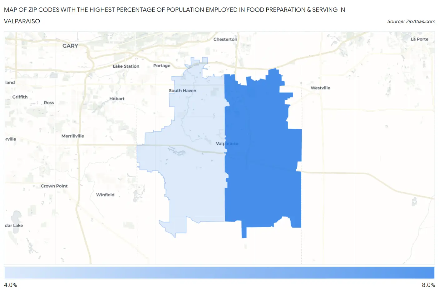 Zip Codes with the Highest Percentage of Population Employed in Food Preparation & Serving in Valparaiso Map