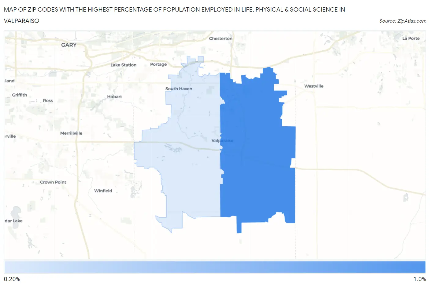 Zip Codes with the Highest Percentage of Population Employed in Life, Physical & Social Science in Valparaiso Map