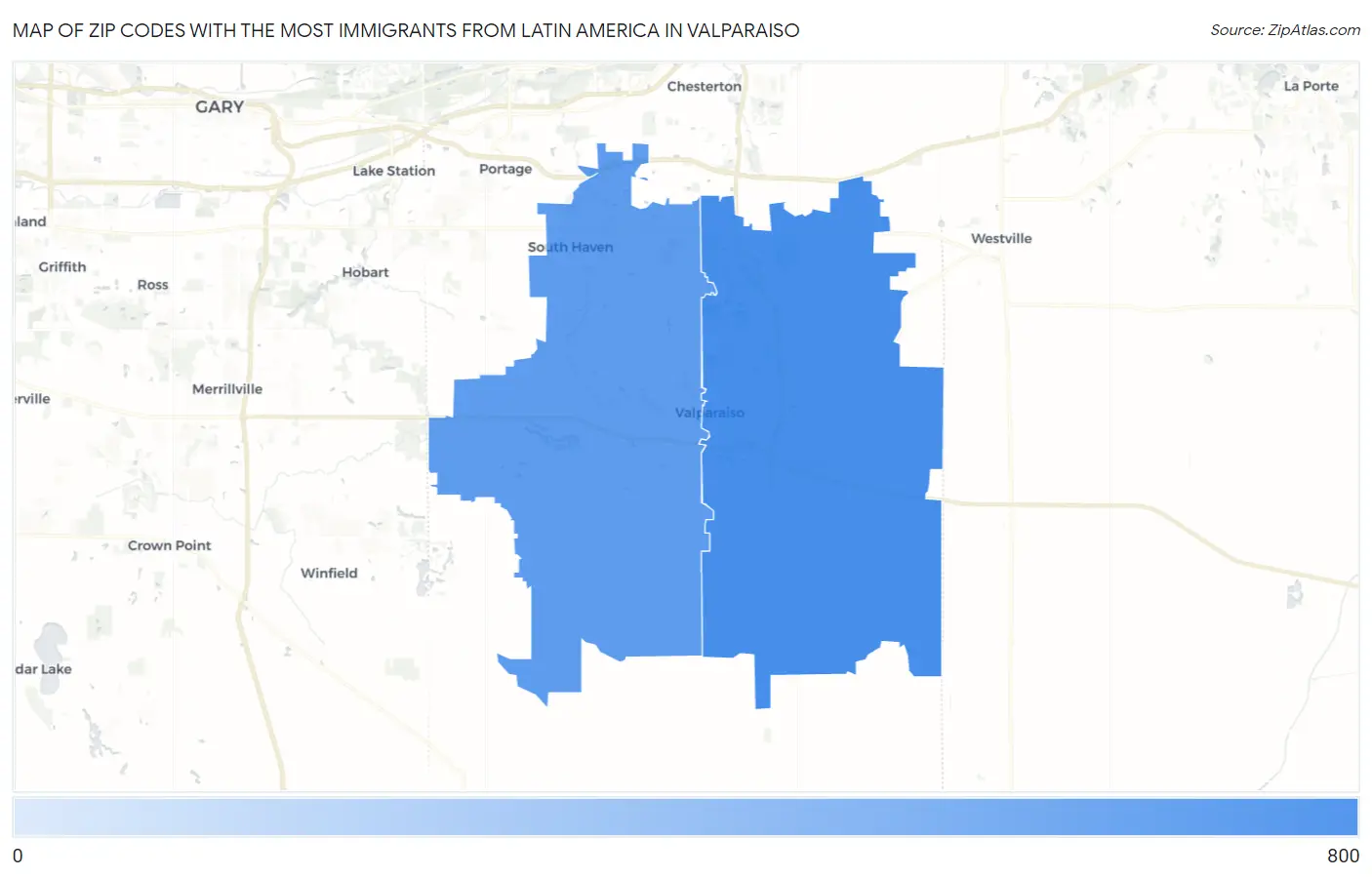 Zip Codes with the Most Immigrants from Latin America in Valparaiso Map