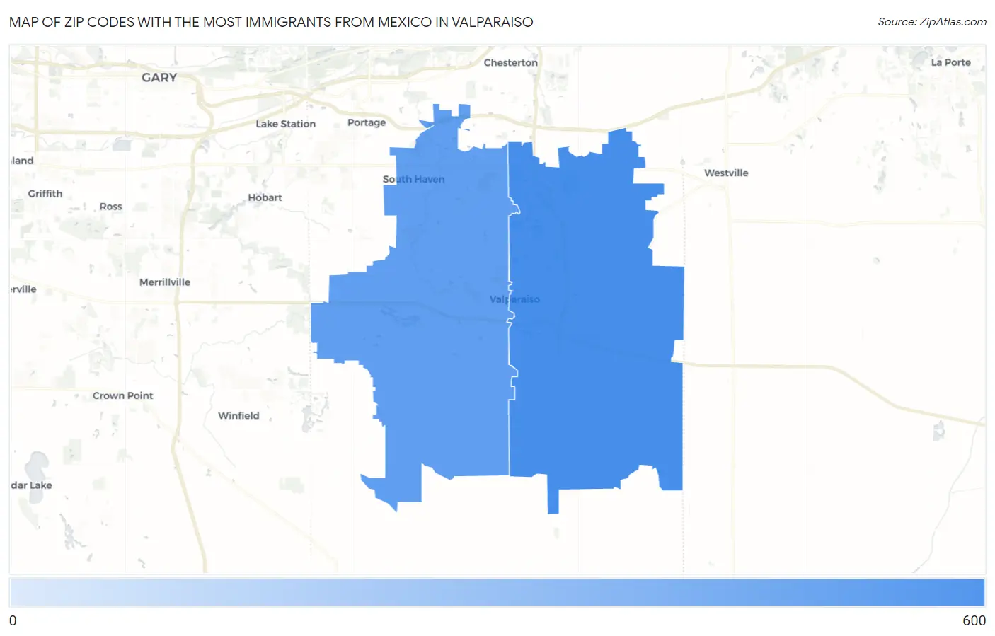 Zip Codes with the Most Immigrants from Mexico in Valparaiso Map