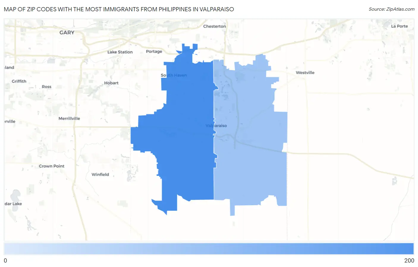 Zip Codes with the Most Immigrants from Philippines in Valparaiso Map