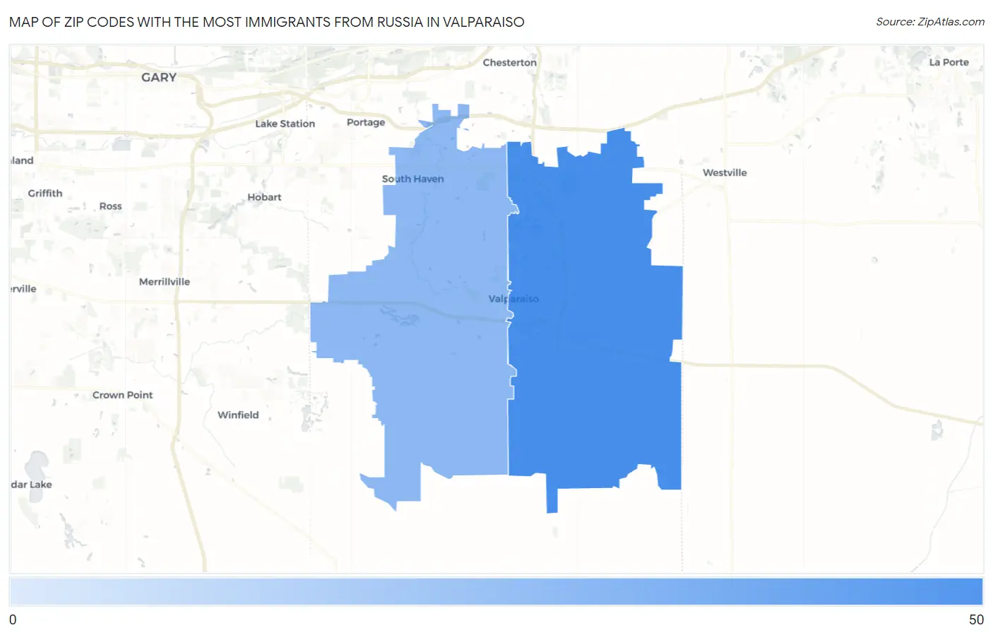 Zip Codes with the Most Immigrants from Russia in Valparaiso Map