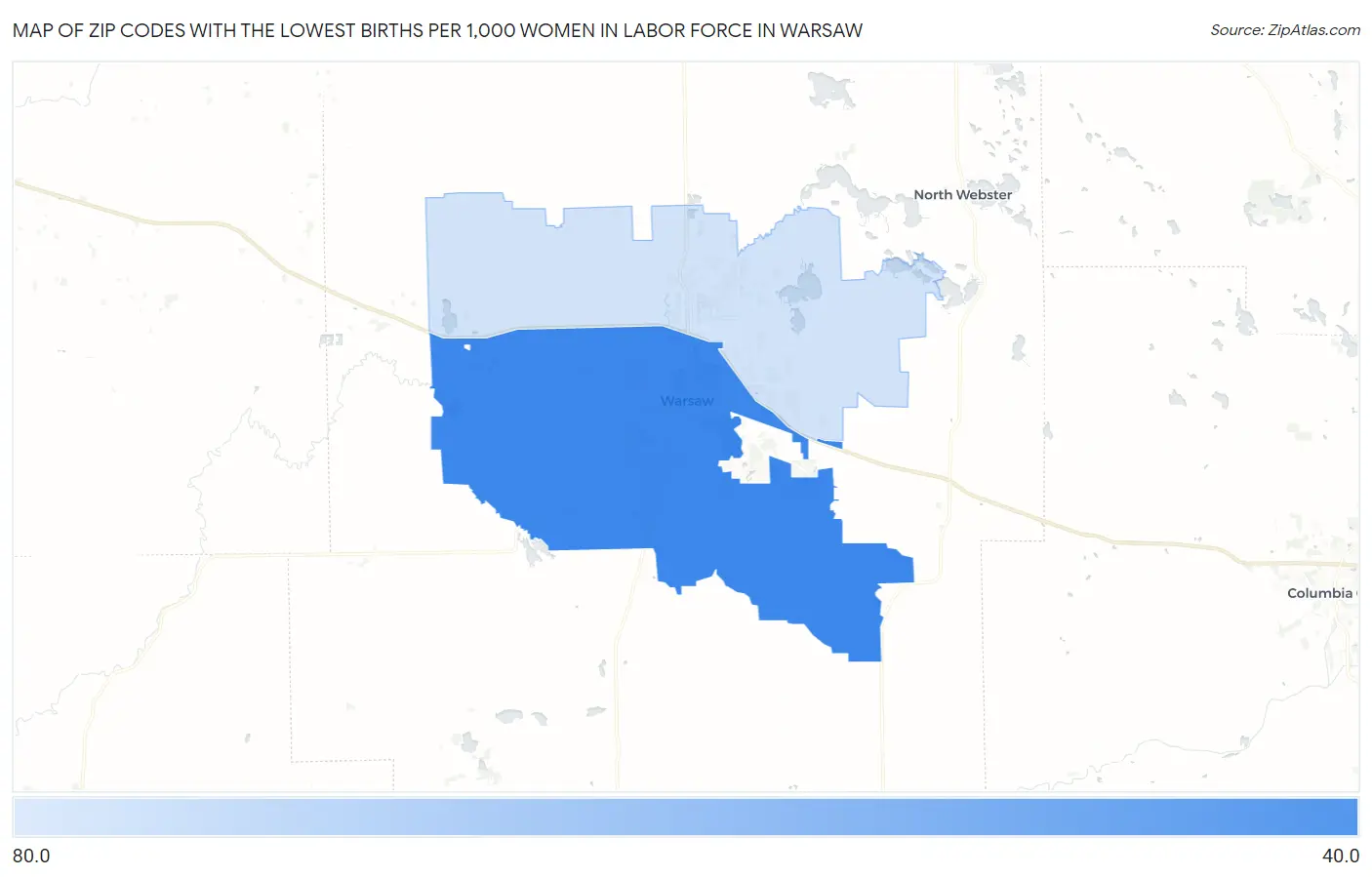 Zip Codes with the Lowest Births per 1,000 Women in Labor Force in Warsaw Map