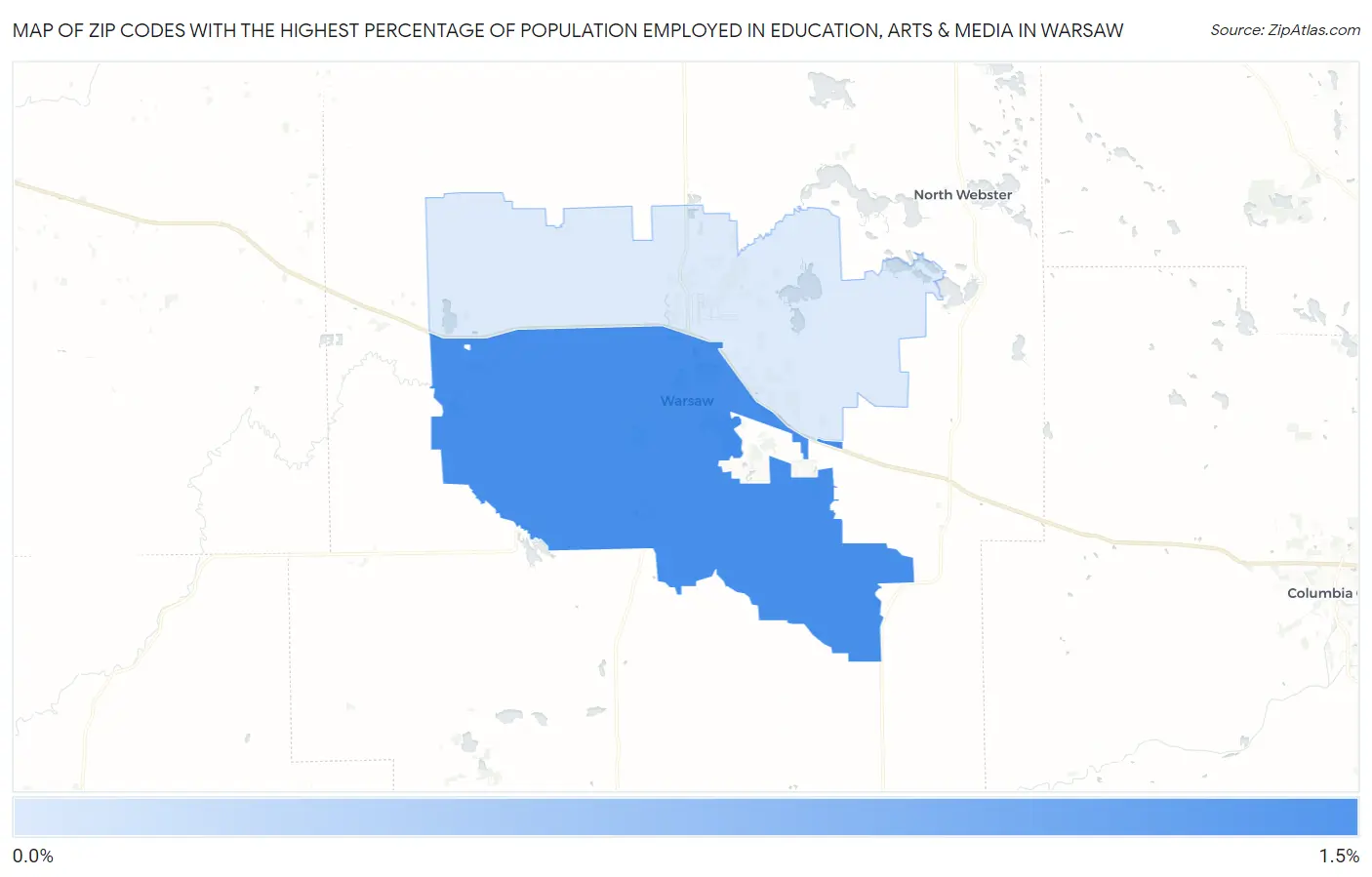 Zip Codes with the Highest Percentage of Population Employed in Education, Arts & Media in Warsaw Map