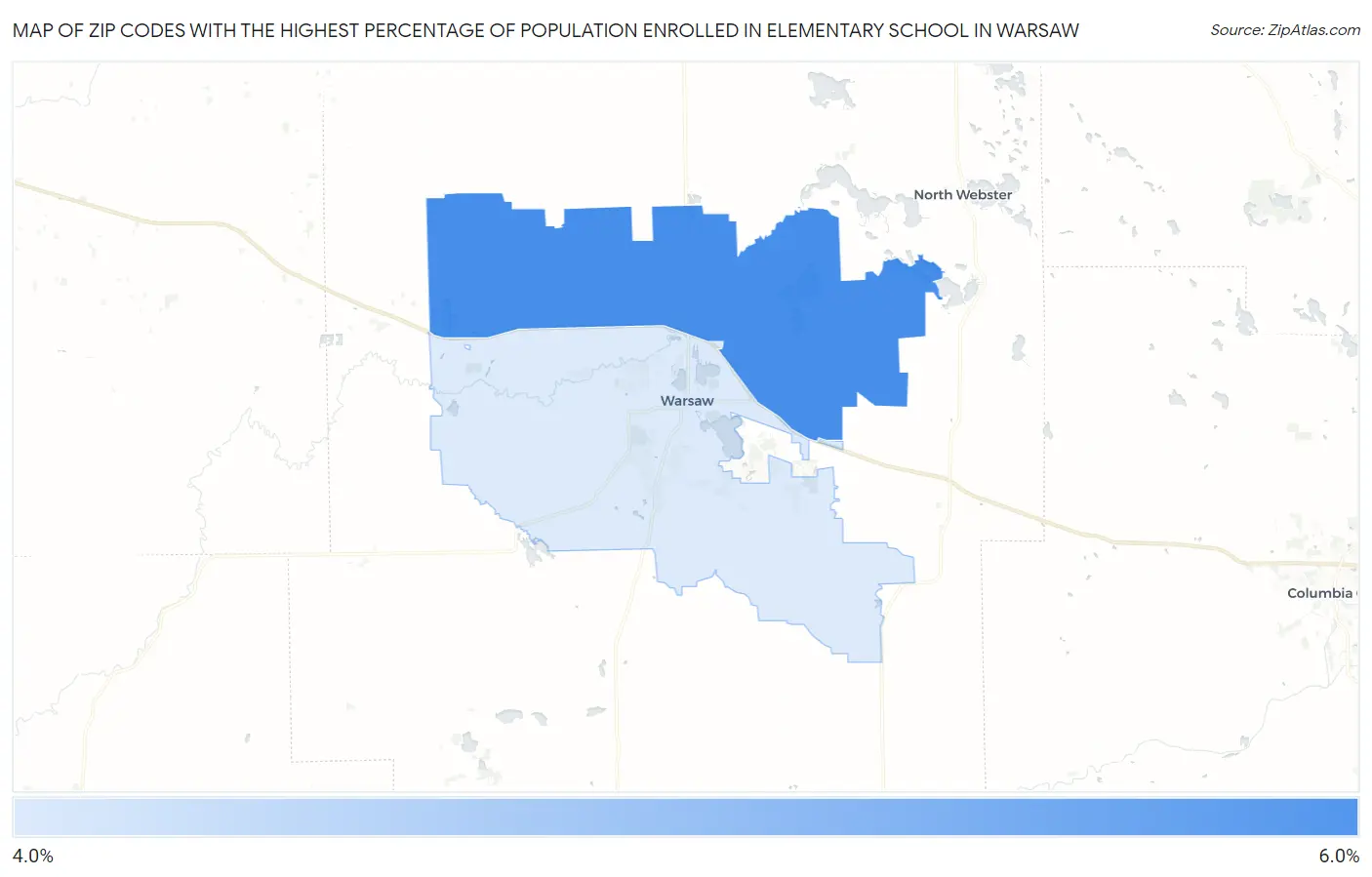 Zip Codes with the Highest Percentage of Population Enrolled in Elementary School in Warsaw Map