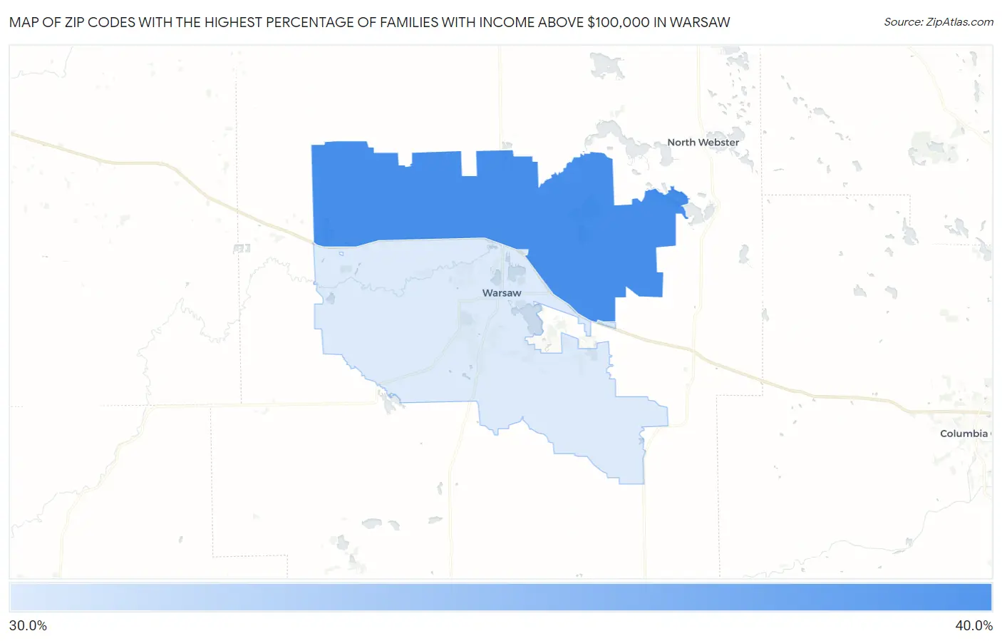 Zip Codes with the Highest Percentage of Families with Income Above $100,000 in Warsaw Map